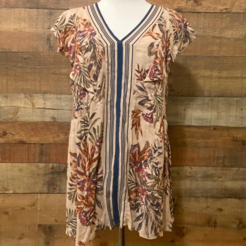 Vintage America Beige Floral Print Smocked Flutter Sleeve Top Size M NWT